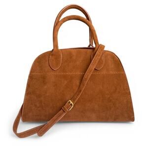 Brown suede bag with gold hardware and adjustable strap